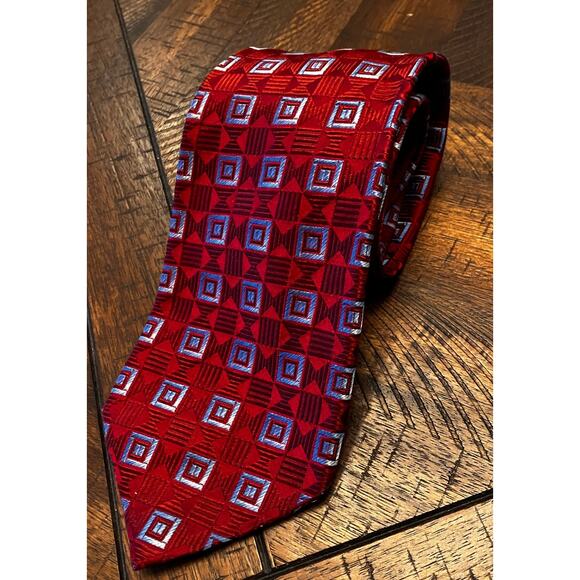 Villa Bolgheri Red with Light Blue Squares, Geometric, Silk, Formal, Business - Picture 1 of 7